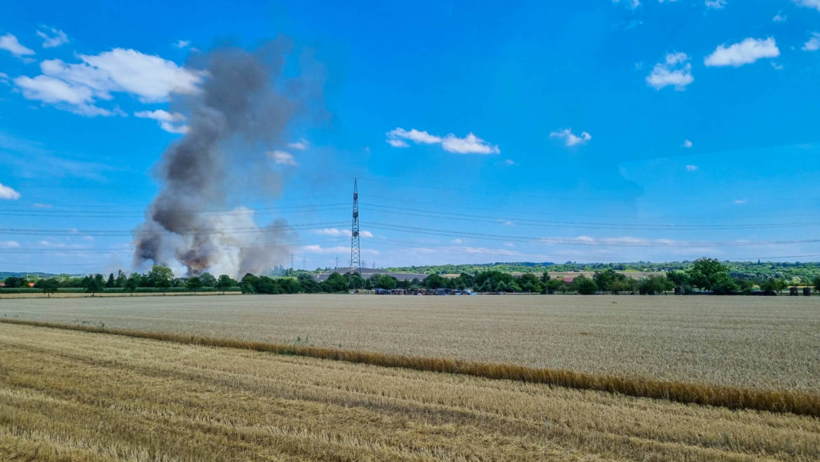 Großer Flächenbrand bedroht Wald und Lagerhalle